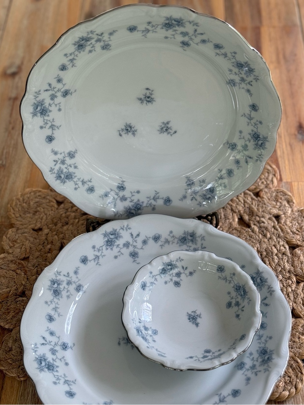 Haviland White Porcelain Dinnerware with Blue Floral Trim Set of Three